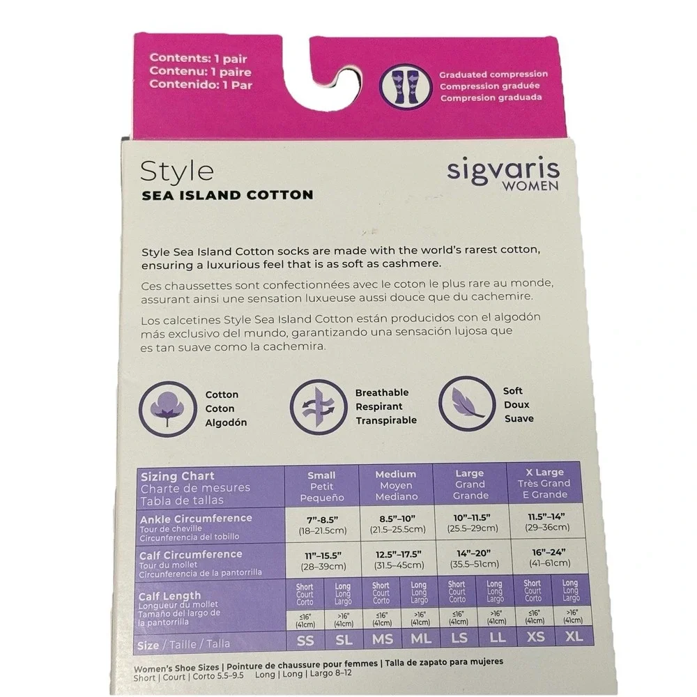 Sigvaris Women Sea Island Cotton Compression Socks 20-30 mmHg SS Knee High Black